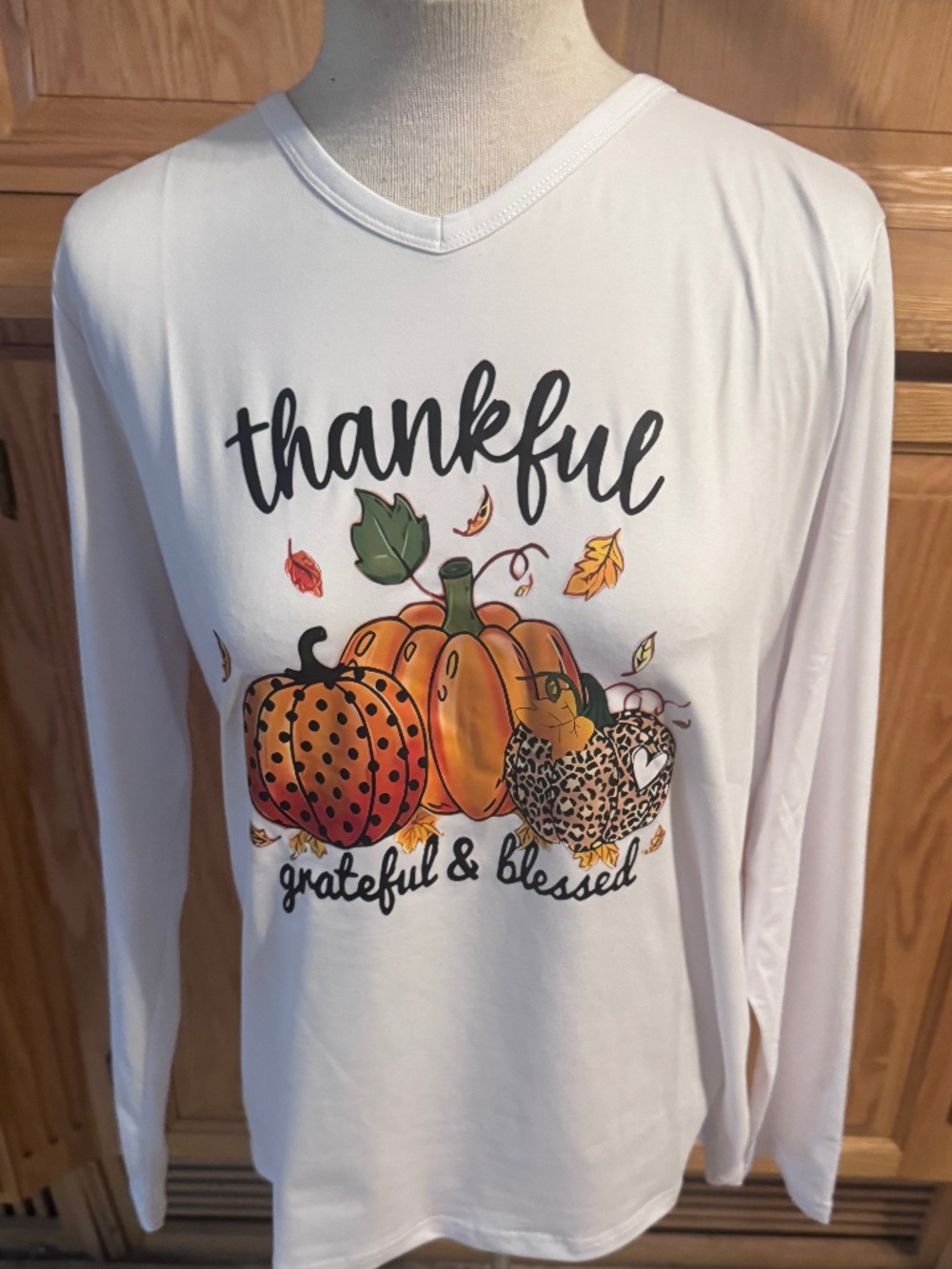 Women's V-Neck White Long Sleeve Large Tee "Thankful, Grateful Blessed"